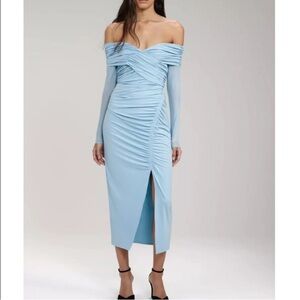 Self-Portrait Jersey Crossover Bust Midi Dress Light Blue Size 8 NWT New
